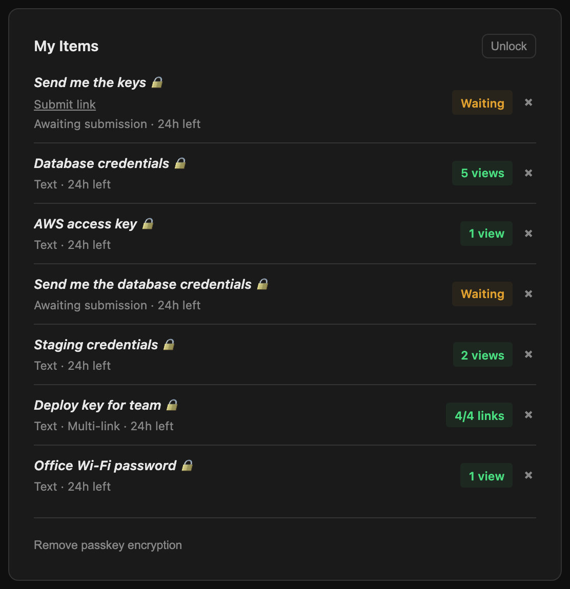 My Items panel with passkey enrolled and items locked